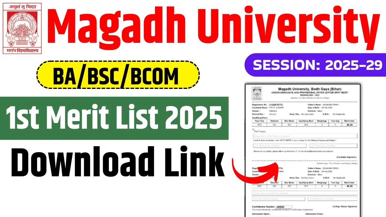 Magadh University UG 1st Merit List 2025-29 : Magadh University Graduation Admission (B.A, B.Sc, B.Com) 1st Merit List PDF Download Link